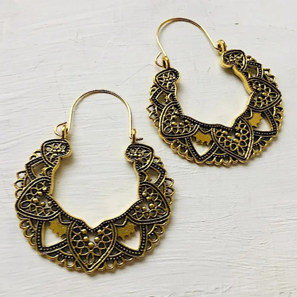 Gold Mandala Boho Vintage Hoop Statement Earrings